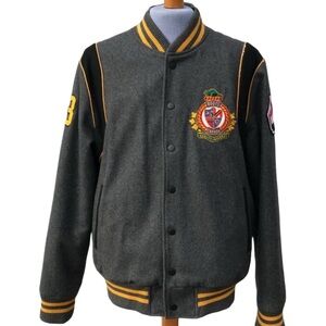 Vintage Roots Varsity wool blend grey yellow trim lined lng sleeve bomber jckt M